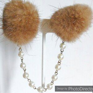 1950's Vintage Brown Mink Fur Sweater Clip - Guard with Faux Pearl Chain